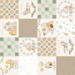 Sweet Neutral Baby Quilt – Gender Neutral Nursery, Baby Elephants, Soft Colors, Newborn Blanket, Cream Brown Green pattern A ROTATED