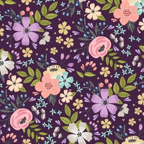 Floral Garden // Flower Fabric, Colorful Flowers – Dark Plum, medium scale, 12” repeat