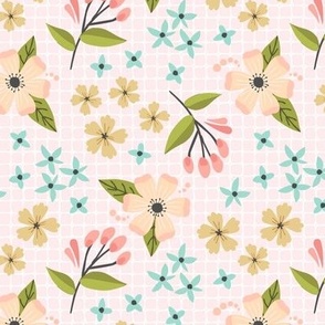 Sunny Floral Garden // Botanical Flower Fabric, Pink Peach Blush Yellow Flowers – shell pink, smaller