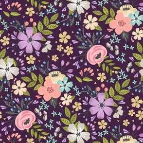 Floral Garden // Flower Fabric, Colorful Flowers – Dark Plum, small scale, 8” repeat