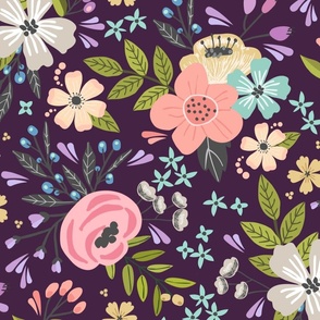 XL Floral Garden // Flower Fabric, Colorful Flowers – Dark Plum, x-large scale, 32” repeat