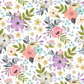 Floral Garden // Flower Fabric, Colorful Flowers – White, small scale, 8" repeat
