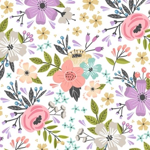 Floral Garden // Flower Fabric, Colorful Flowers – White, large scale, 24" repeat
