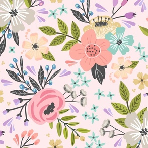 XL Floral Garden // Flower Fabric, Colorful Flowers – Shell Pink, x-large scale, 32” repeat
