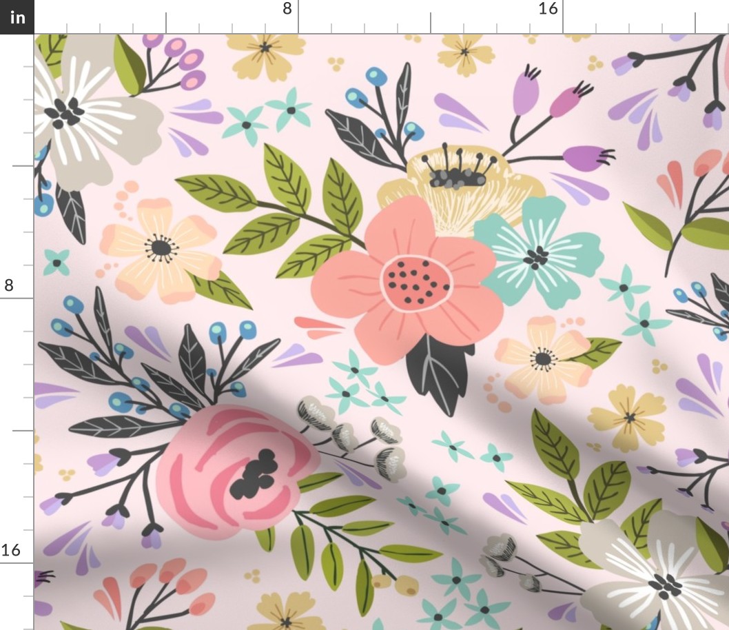 XL Floral Garden // Flower Fabric, Colorful Flowers – Shell Pink, x-large scale, 32” repeat