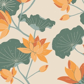 Lily pads and lotus flowers on beige (large)