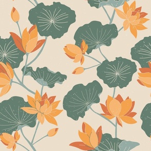 Lily pads and lotus flowers on beige (medium)