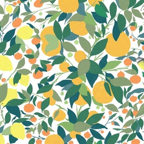 Agrumeto with Lemons, Oranges, Tangerines and Birds-  Big Scale, White Background