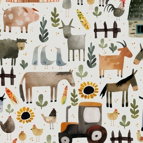 Watercolor farm animals - hand drawn barnyard  - farm house  - medium - kids wallpaper - nursery decor - old macdonald