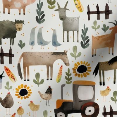 Watercolor farm animals - hand drawn barnyard  - farm house  - medium - kids apparel - nursery decor  - old macdonald