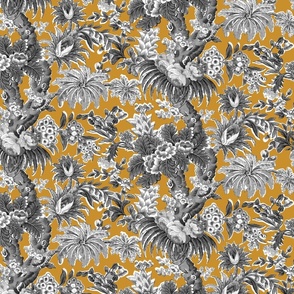 VINTAGE TROPICAL JUNGLE FLORAL-GOLD YELLOW GRAY COMBO