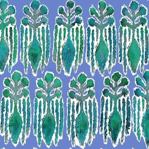 Ikat Botanical Watercolor Green On Blue medium