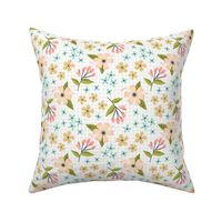 Sunny Floral Garden // Botanical Flower Fabric, Pink Peach Blush Yellow Flowers – White, smaller