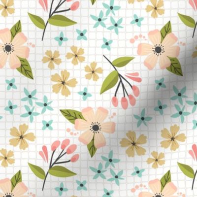 Sunny Floral Garden // Botanical Flower Fabric, Pink Peach Blush Yellow Flowers – White, smaller