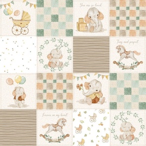 4 1/2" Sweet Neutral Baby Quilt – Gender Neutral Nursery, Baby Elephants, Soft Colors, Newborn Blanket, Cream Brown Green pattern A