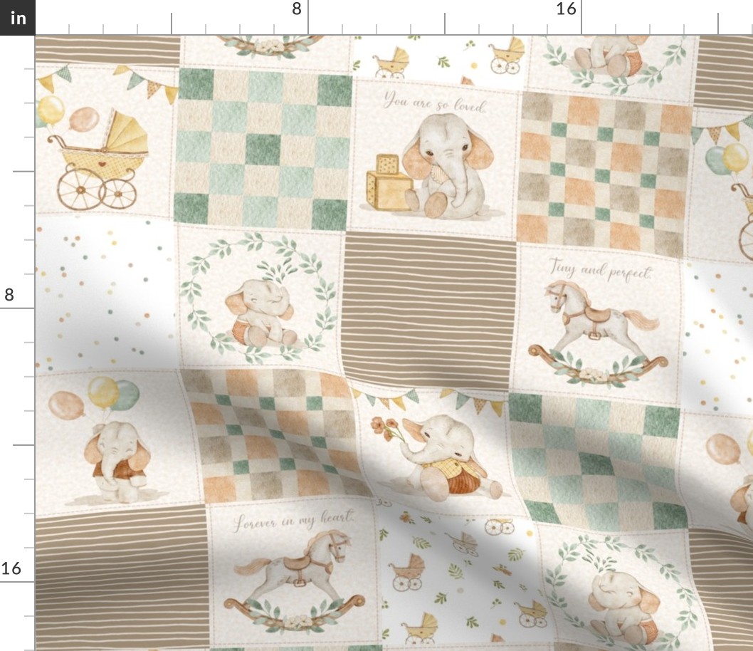4 1/2" Sweet Neutral Baby Quilt – Gender Neutral Nursery, Baby Elephants, Soft Colors, Newborn Blanket, Cream Brown Green pattern A