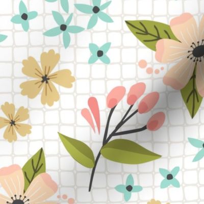 Sunny Floral Garden // Botanical Flower Fabric, Pink Peach Blush Yellow Flowers – White