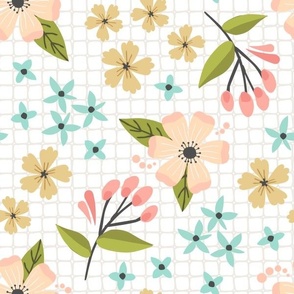 Sunny Floral Garden // Botanical Flower Fabric, Pink Peach Blush Yellow Flowers – White