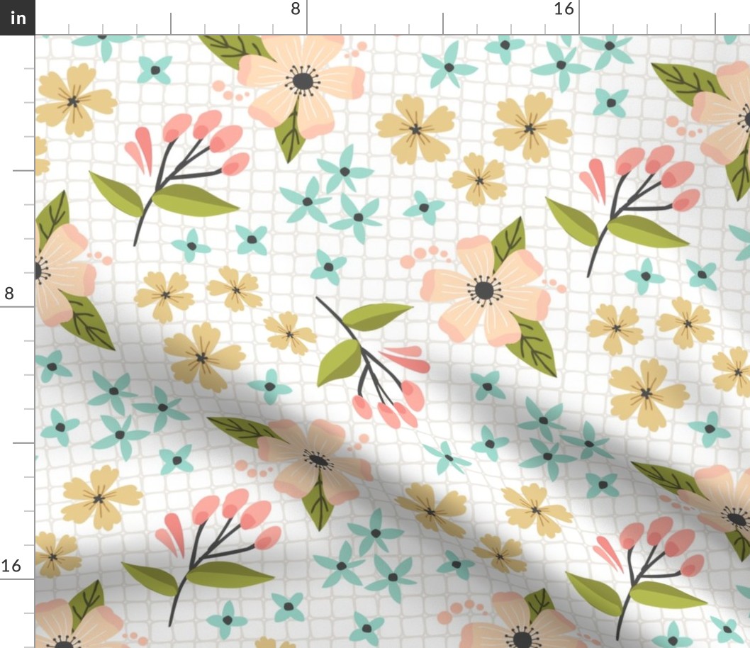 Sunny Floral Garden // Botanical Flower Fabric, Pink Peach Blush Yellow Flowers – White