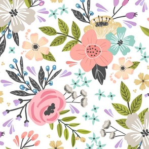 XL Floral Garden // Flower Fabric, Colorful Flowers – White, x-large scale, 32” repeat
