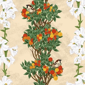 Italian Sparrow, White lilies and Strawberry Tree