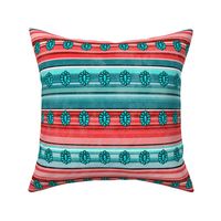 Medium Scale Serape Stripes and Turquoise Jewels in Aqua Blue and Cherry Pink