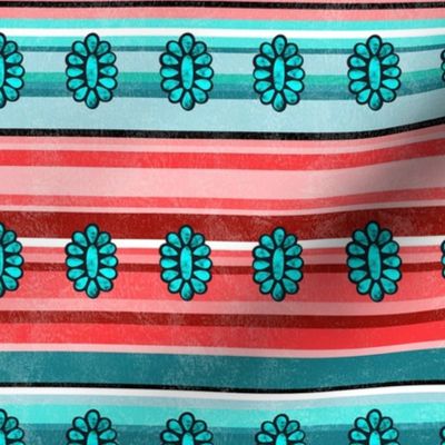 Medium Scale Serape Stripes and Turquoise Jewels in Aqua Blue and Cherry Pink