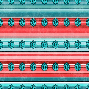 Large Scale Serape Stripes and Turquoise Jewels in Aqua Blue and Cherry Pink