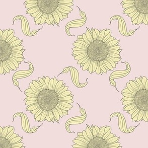 Sunflowers and swirly leaves pale yellow on pale pink