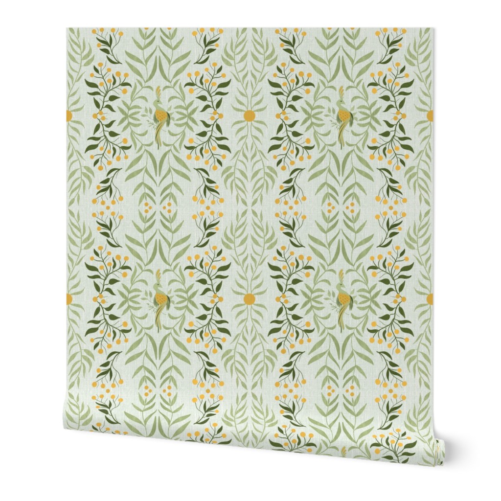 Italian Villa Inspired Bird  pattern in White, Green and Yellow