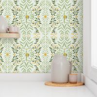 Italian Villa Inspired Bird  pattern in White, Green and Yellow