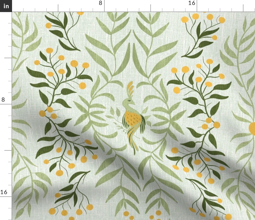 Italian Villa Inspired Bird  pattern in White, Green and Yellow