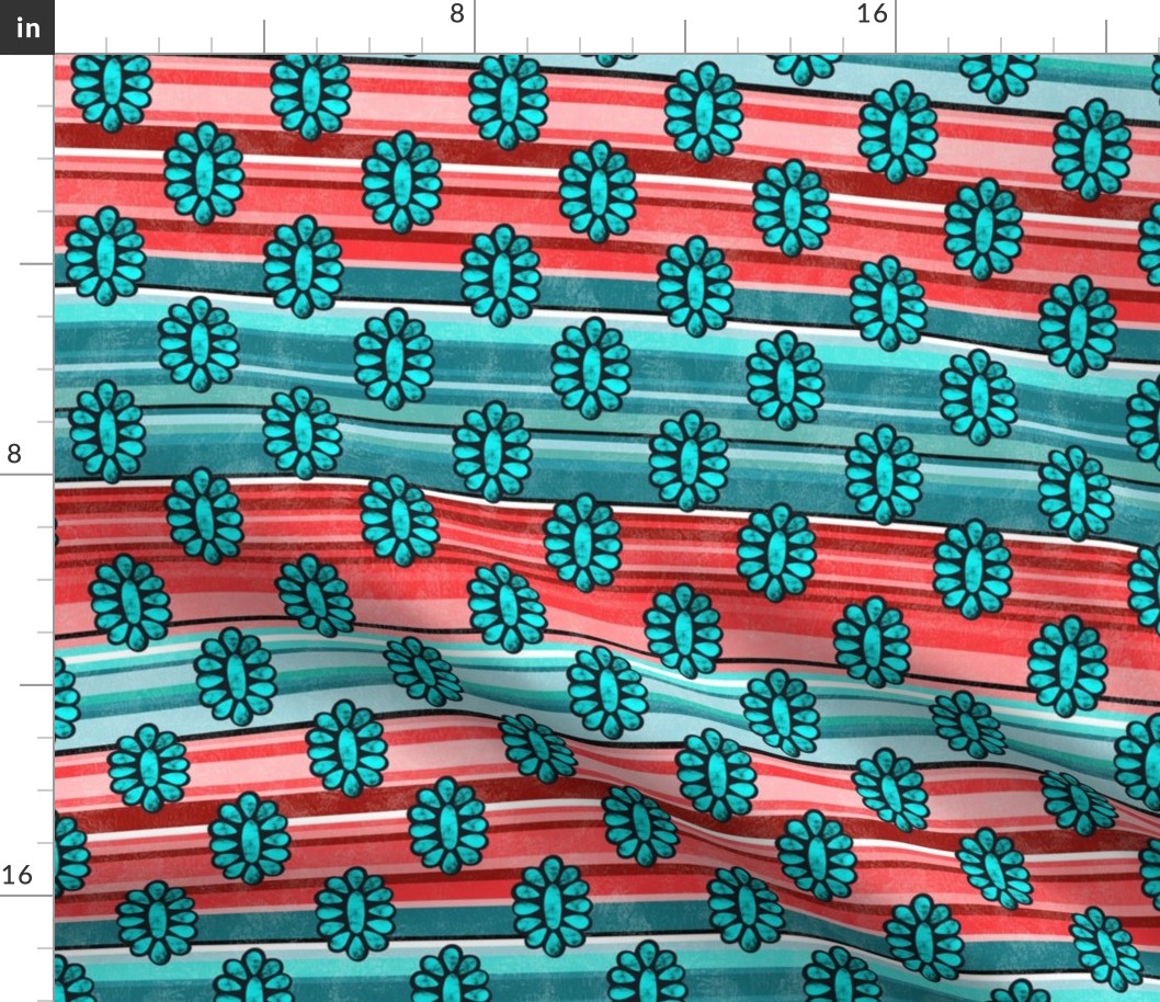 Medium Scale Serape Stripes and Turquoise Jewels in Aqua Blue and Cherry Pink