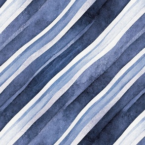 Diagonal Watercolor Stripes In Shades of Blue Smaller Scale