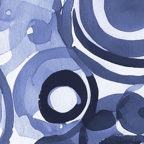 Loose Watercolor Circular Painted Shapes Pattern Navy Blue 