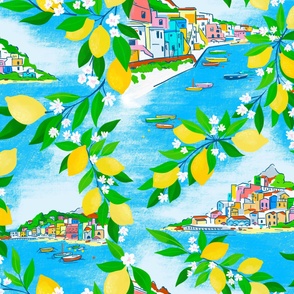 Italian Islands with Lemons - Blue and Yellow - Large Wallpaper Scale