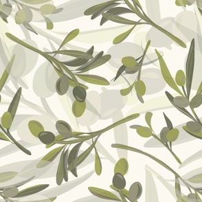 JUMBO//Botanic Wallpaper Olive Branches, Green on Cream  Italian Olives Olive Green