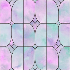 Watercolor stained glass window. Pastel purple and green