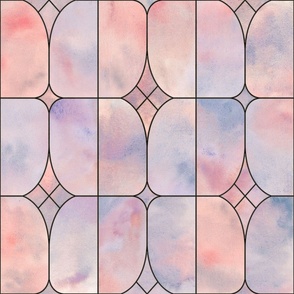 Watercolor stained glass window. Pastel purple and pink