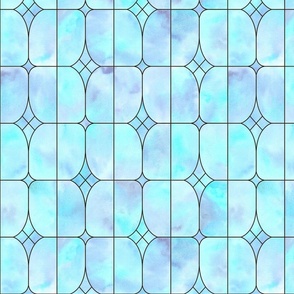 Watercolor stained glass window. Pastel turquoise and blue