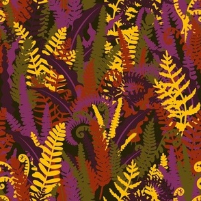 Ferns in yellow, green, purple, and red