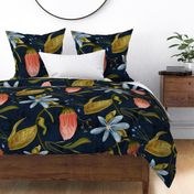Lush Dark Floral and Leaves on Dark Blue | 24x24 | Large Pattern