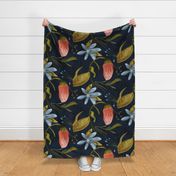 Lush Dark Floral and Leaves on Dark Blue | 24x24 | Large Pattern