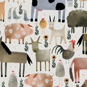 Watercolor farm animals - hand drawn cow, horses, pigs, goats and chickens - Large - kids wallpaper - nursery decor