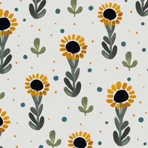 Watercolor sunflowers over off white - Large hand drawn flowers - baby nursery - kids wallpaper  - floral wallpaper