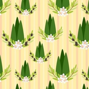 Italian Cypress, Olive Branches, and Lilies on Yellow