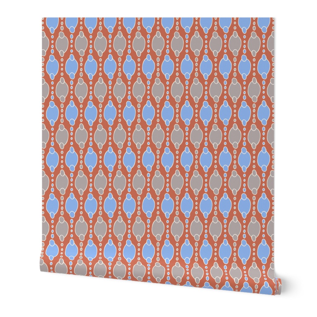 311 - Jumbo scale burnt muted orange, bright sky blue and greige hand drawn pattern for wallpaper, modern geometric curtains, minimalist duvet and sheet sets, table cloths and table runners