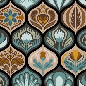 Scandinavian Ogee Tiles in Turquoise, Brown, and Tan on Black
