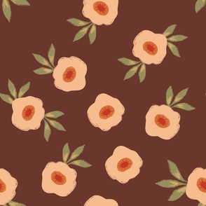 Big Peach Calico Floral with Brown Background