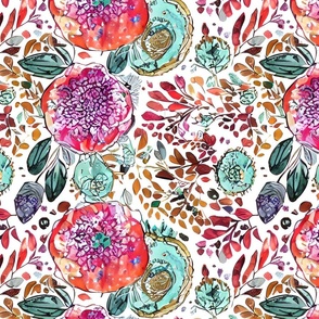 Bohemian colorful floral mixed print with leaves, flowers  